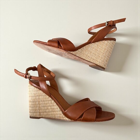 J MACLAUGHLIN Tan Leather Esapdrilles Sandals Wedges Size 6.5 - Picture 1 of 10